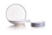 Load image into Gallery viewer, Cake Plate white ceramic with navy rim Plus Set of 6 cake plates
