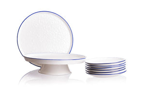 Set of 6 white ceramic cake plates with navy edge