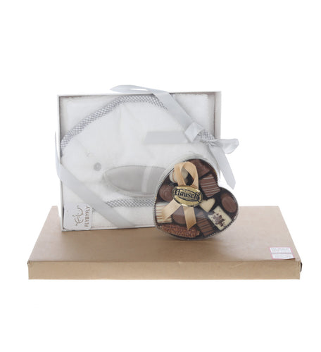 Cuddly white terry hooded towel (duck) with gray trim and heart-shaped box of dairy Belgian pralines