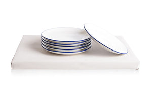 Set of 6 white ceramic cake plates with navy edge