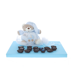 Plush baby toy with music playing pull-string surrounded by delicious Belgian pralines - Boy