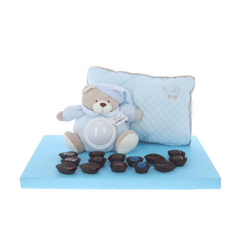 Adorable musical night light teddy and pillow, surrounded by Belgian pralines - boy