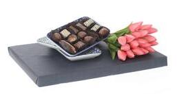 Set of 3 ceramic plates, Belgian chocolates, and bouquet of fake tulips